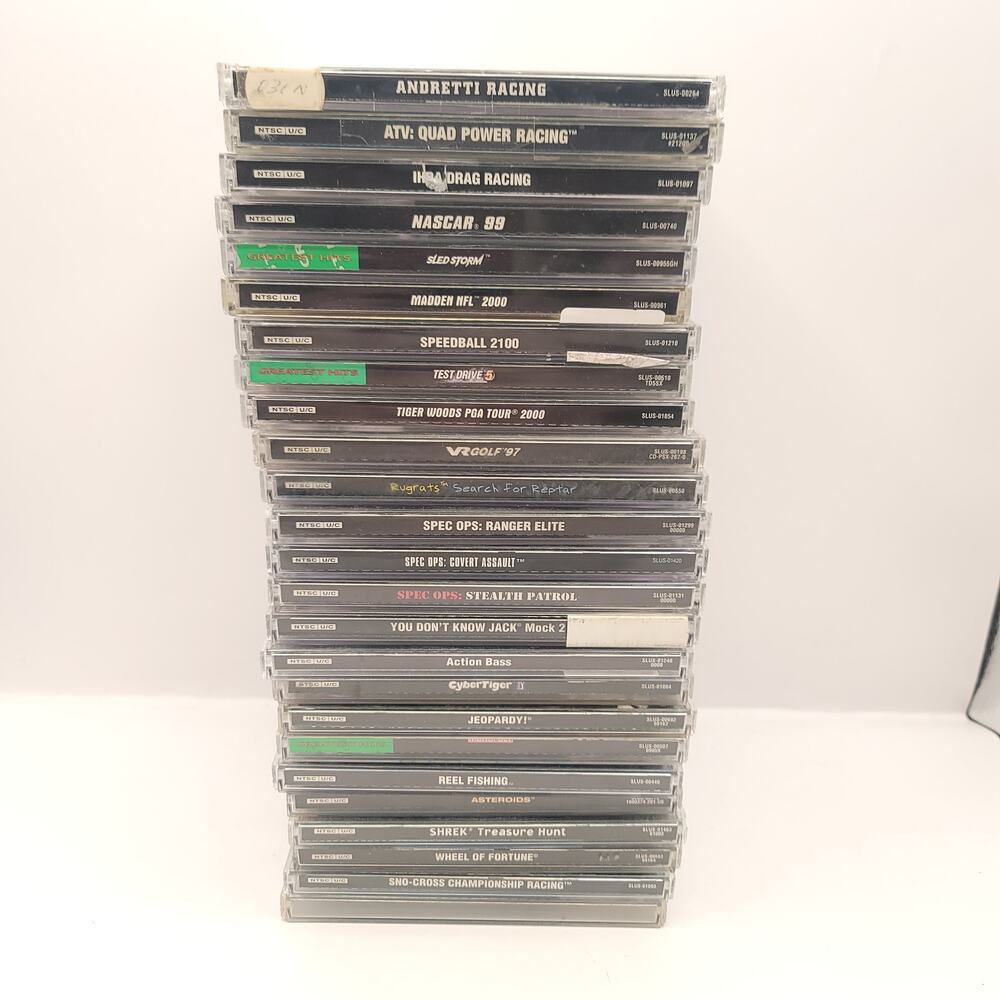 Playstation Lot of 25 Games Spec Ops Sno Cross Asteroids Cyber Tiger Test Drive